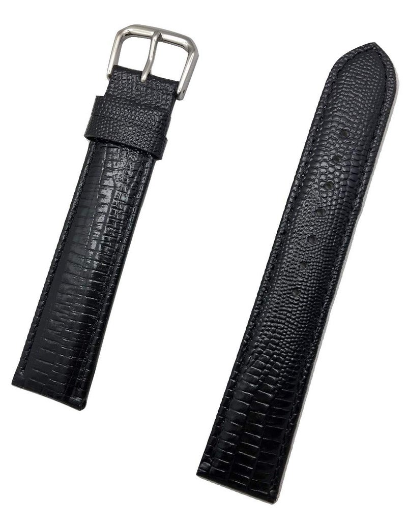 NewLife 20mm Long, Classy Black Genuine Leather Watchband | Teju Lizard Grain, Lightly Padded Replacement Watchstrap that brings to Any Watch (Mens Long Length)